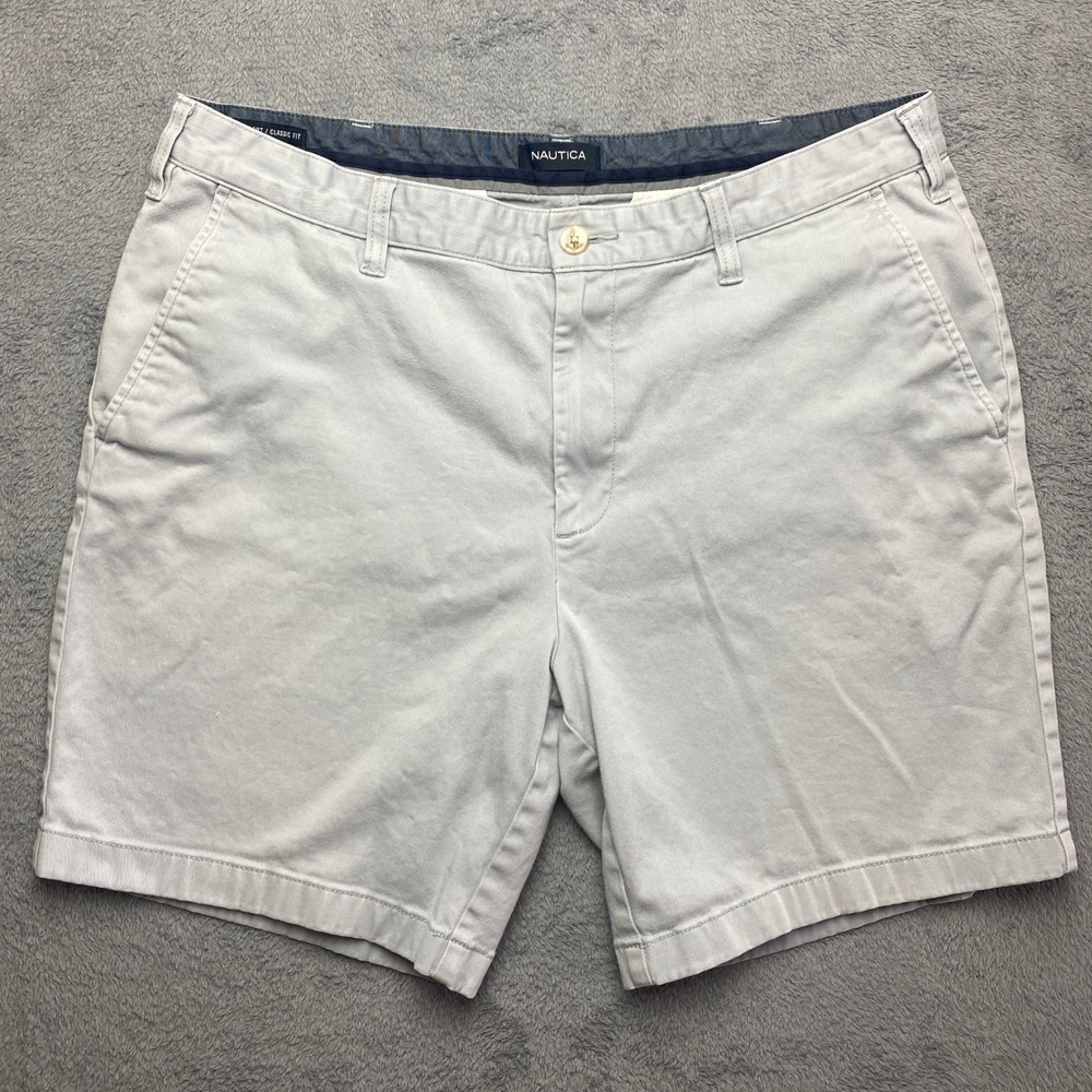 Nautica Shorts Mens 36W Classic‎ Fit Deck Shorts Light Gray Flat Front Chino